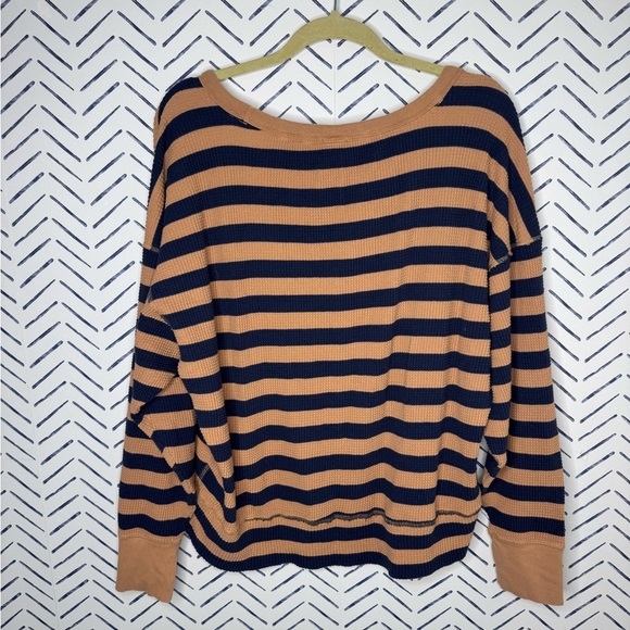 Aerie Offline Oversized Waffle Shirt Striped blue tan Medium - Picture 2 of 5